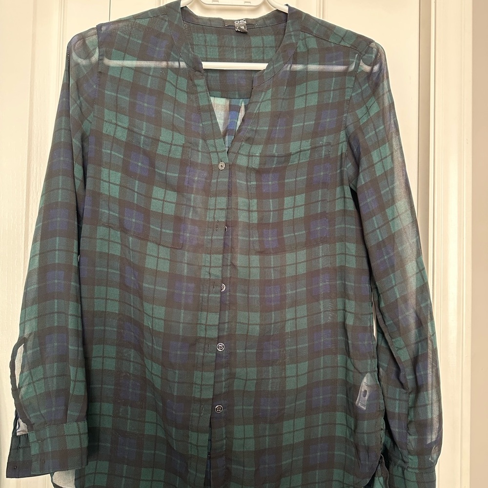 Jacob Sheer Plaid Button-Up Blouse in size XS